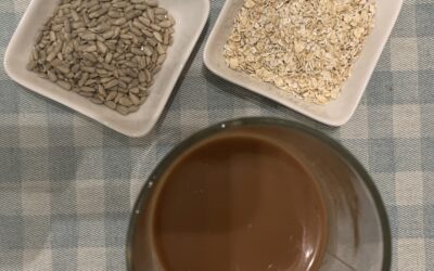 Batido proteico de choclate sobre una mesa junto a dos boles, uno con semillas de girasol y otro con copos de avena.