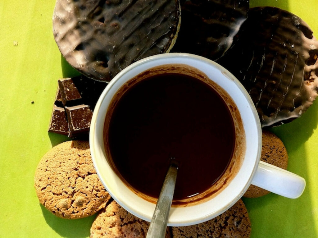 chocolates veganos con leche de avena una taza de chocolate junto a galletas de chocolate, onzas de chocolate y galletas de avena